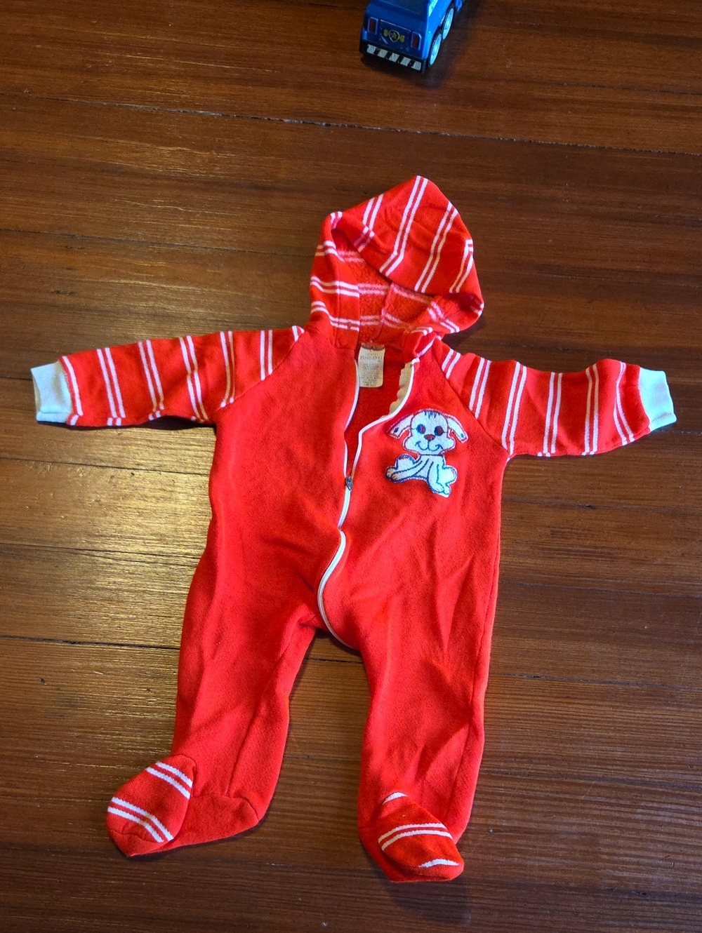 70s Neon Red Hooded Baby One-Piece with Puppy Applique